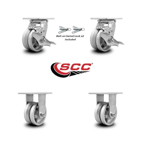 4 Inch V Groove Semi Steel Caster Set with 2 Brakes/Swivel Lock 2 Rigid SCC